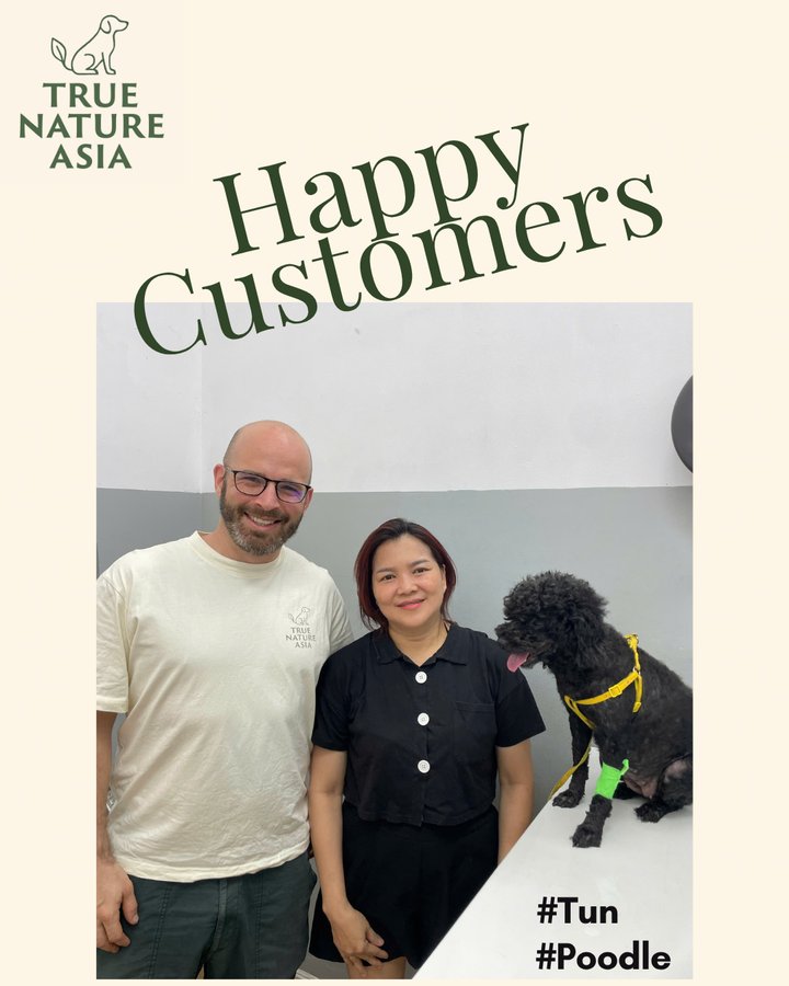 Tūn the poodle with owners Michael and Nhi