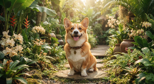 A happy, healthy Corgi in a lush Vietnamese garden