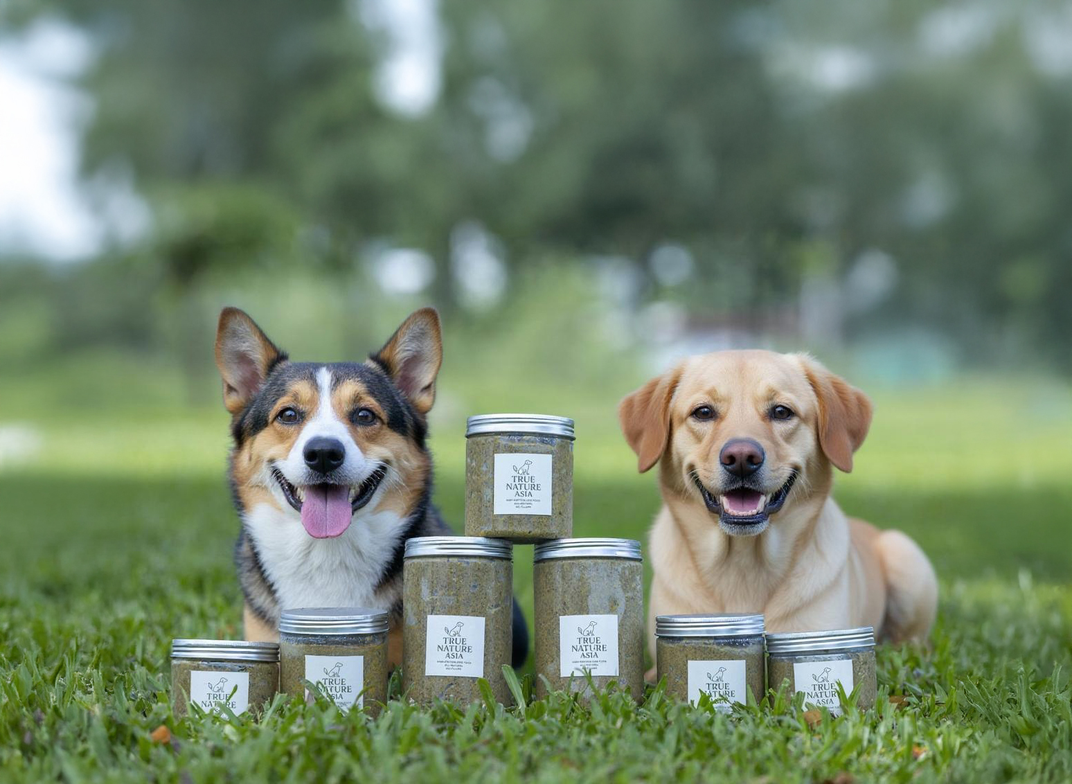 Two happy dogs with True Nature Asia jars