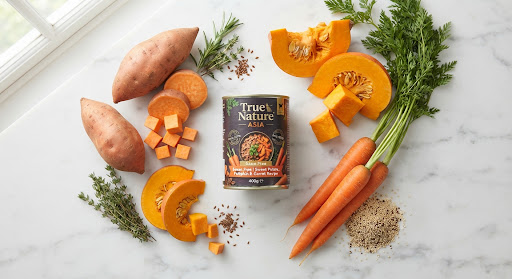 Fresh ingredients: sweet potato, pumpkin, carrots and a tin of True Nature Asia wet food