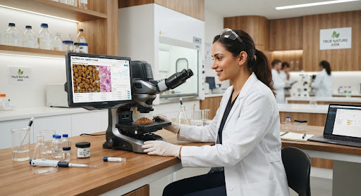 A scientist inspecting a pet food sample under a microscope